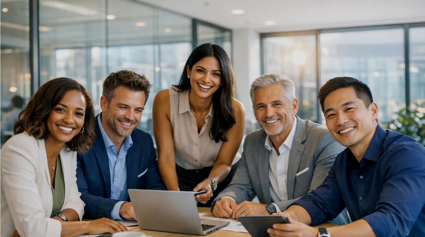 A diverse team of business professionals smiling together around a laptop in a modern office