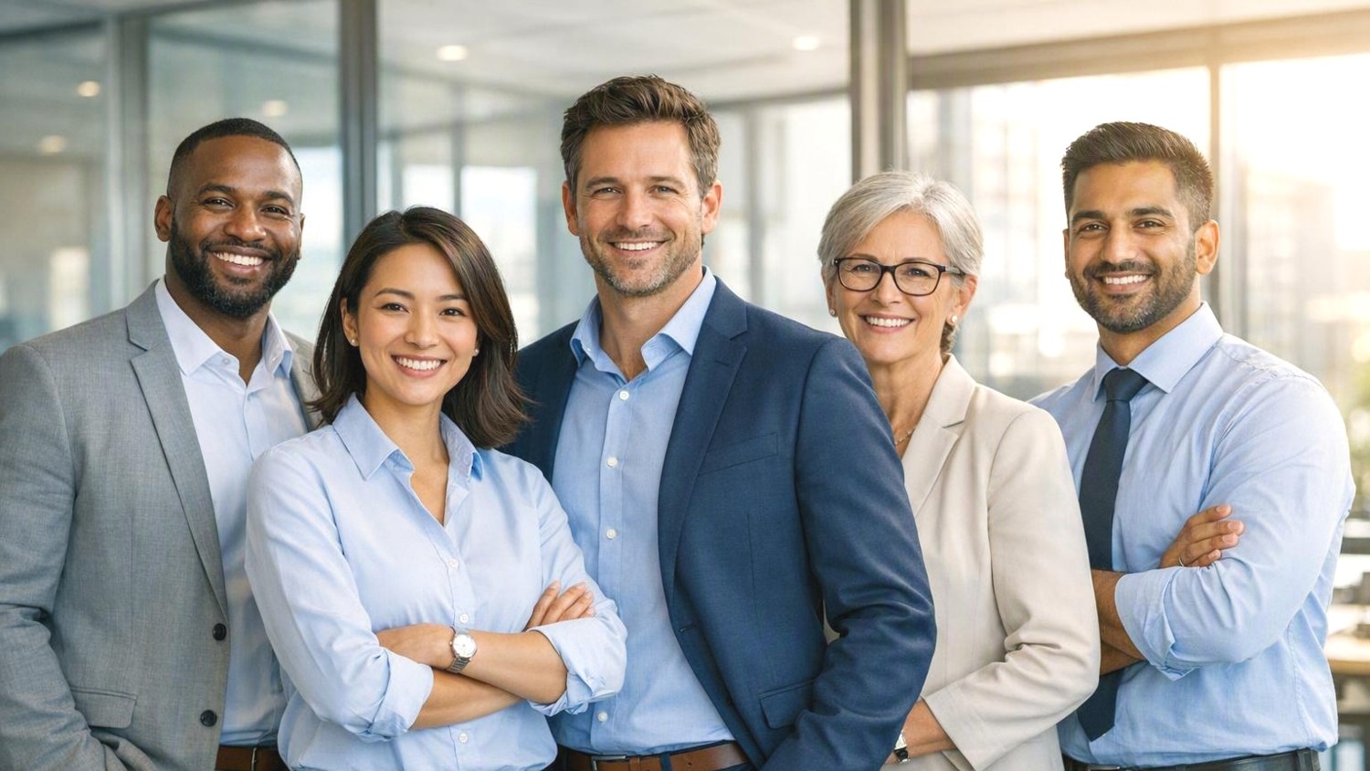 A diverse team of business professionals smiling together around a laptop in a modern office