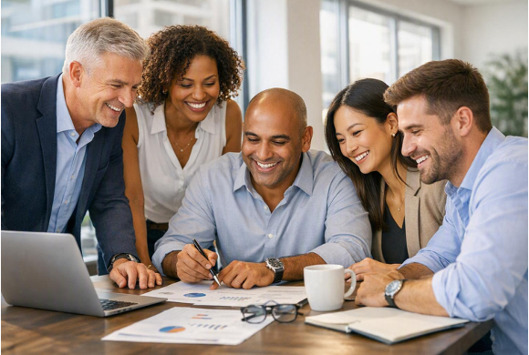 HR practitioners collaborating around a table in a modern office